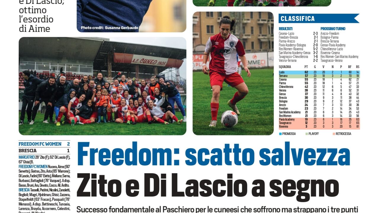 SERIE B: Freedom F.C. - Brescia - articolo di Tuttosport