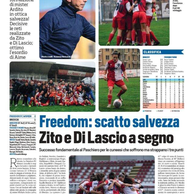 SERIE B: Freedom F.C. - Brescia - articolo di Tuttosport